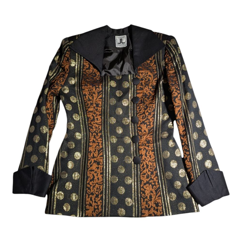 Vtg 1990s Julie and Leonard Black Brown Polka Dot Brocade Square Neck Blazer 6